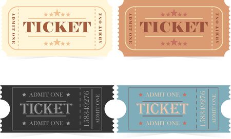 Set of retro vintage ticket templates.Template for movie entrance tickets and other events such as circus, movie theater, parties and concerts.  Vector illustration isolated on white backgroundのイラスト素材