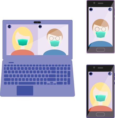 Videoconference, remote work. Online virtual meetings, work from home during Coronavirus COVID-19 Pandemic Outbreak. Teams joining via laptop and mobile phone. Vector illustration isolatedのイラスト素材