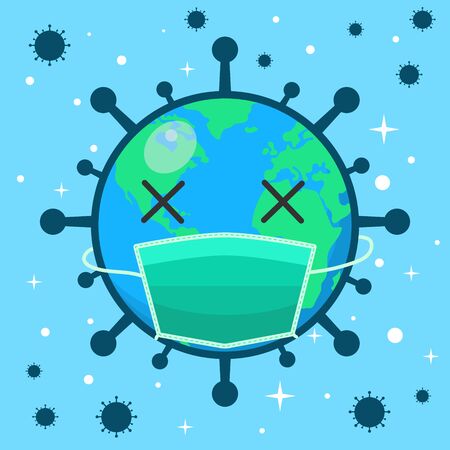 Coronavirus Infection On Earth. Planet earth infected with the covid-19 coronavirus. Global Epidemic Of Coronavirus. A medical mask protects against the spread of coronavirus. Vector illustrationのイラスト素材