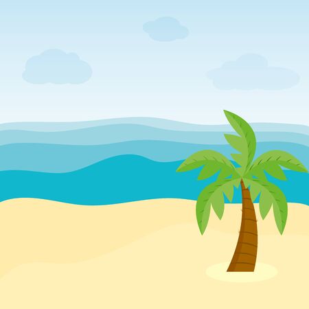 Tropical background with sea, sand and palm. Sea or ocean view from the beach. An island in the ocean with a palm tree. Flat style vector illustration.のイラスト素材