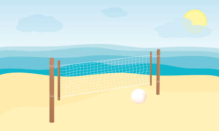 Volleyball net on the beach by the sea background. Playing volleyball on the beach. Healthy lifestyle.のイラスト素材