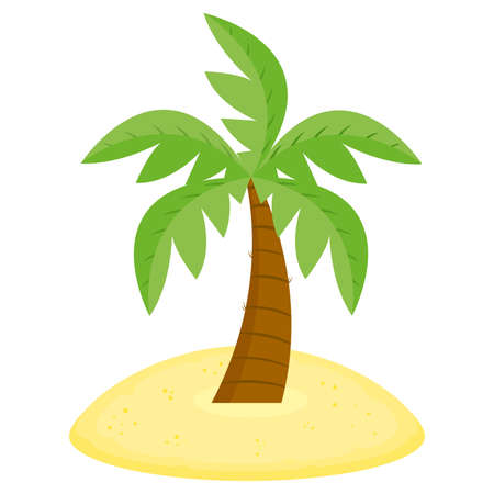 Palm tree with green leaves on a sandy island. Flat cartoon style illustration.のイラスト素材