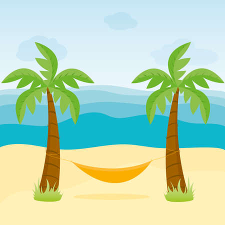 Hammock on the beach with palm trees by the sea. Tropical coast. Flat style illustration.のイラスト素材