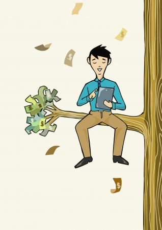 Success Businessman working with tablet sit under the money treeのイラスト素材