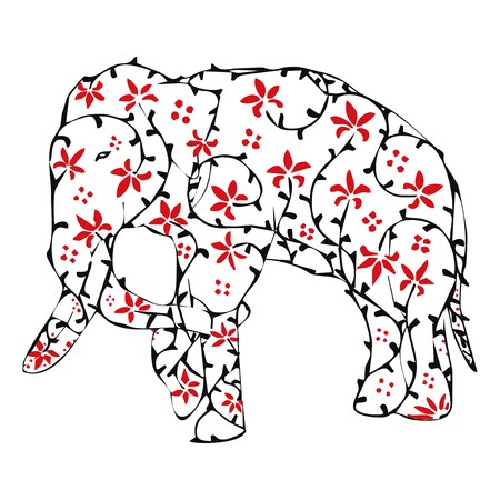 Elephant with ivy and red flower vintage ornament のイラスト素材