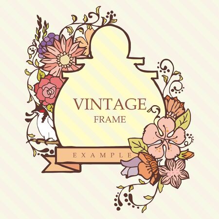Floral frame with bird and ribbon vintage label painting with teatのイラスト素材
