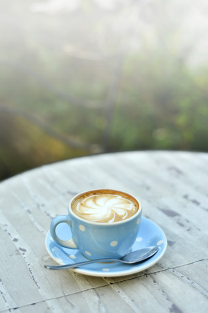 hot cappuccino with vintage garden backgroundの写真素材