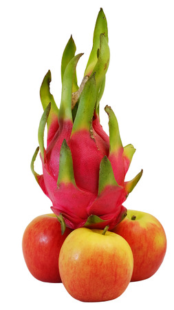winner dragon fruit on group of red apple with white isolate backgroundの写真素材
