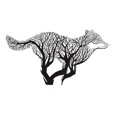 Wolf run blend tree drawing tattoo vectorのイラスト素材