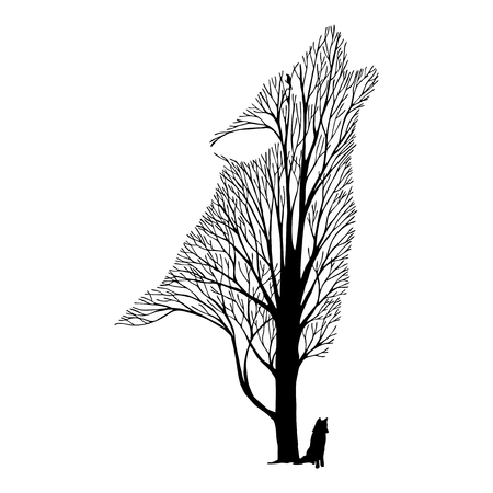 Wolf face blend tree drawing tattoo vectorのイラスト素材
