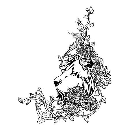 King Lion head vintage drawing tattoo with white isolated vectorのイラスト素材