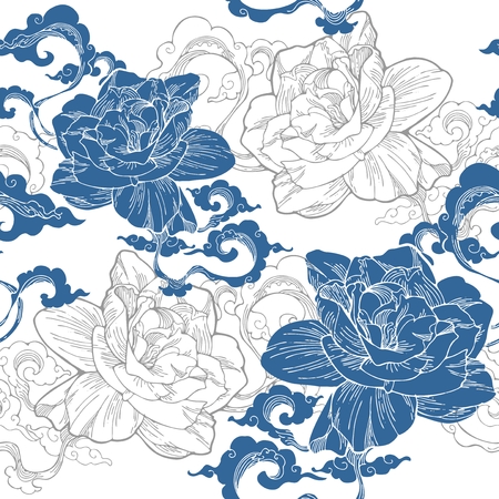 Oriental Cape jasmine and and aroma cloud design for seamless pattern vector with white blue Porcelain toneのイラスト素材