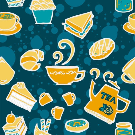 Various coffee,cake,cupcake,Sandwich,cookie , appetizer and beverage seamless pattern sketch drawing line with yellow blue Themes cooler backgroundのイラスト素材