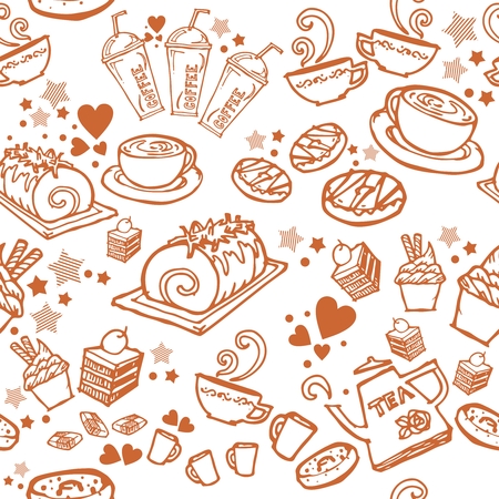 various coffee,cake,cupcake,Sandwich,cookie , appetizer and beverage seamless pattern sketch drawing line by brown pen vector with white backgroundのイラスト素材