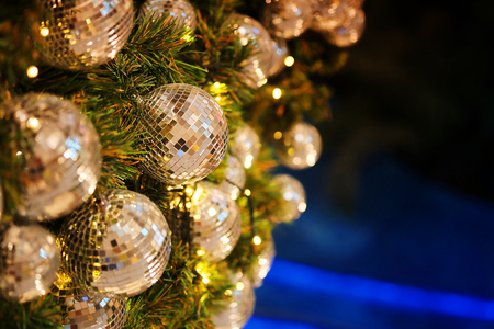 close up mirror ball or Christmas ball to decorative for Christmas festival with bokeh background. Have some space for write wording