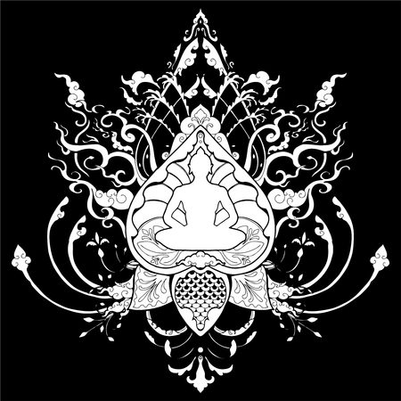 Buddha meditation doodle drawing illustration with Thai style ornament tattoo or coloring book pageのイラスト素材