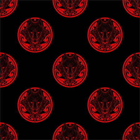 Wolf face double exposure with tree in Aztec tribal circle shape tattoo red and black seamless patternのイラスト素材