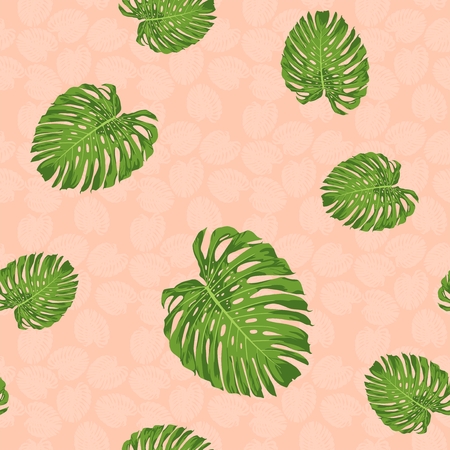 Monstera leaf vector seamless pattern with rose pink color tone backgroundのイラスト素材