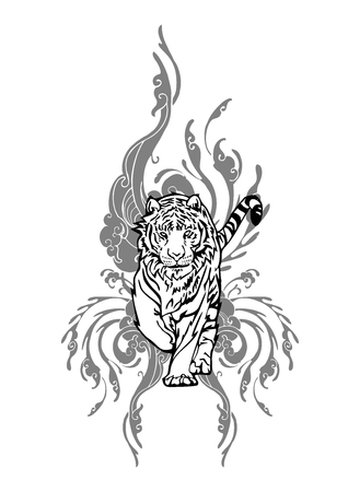 Tiger walking with cloud design for Asian Tattoo vector with white isolatedのイラスト素材
