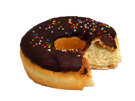 Bitten Doughnut Coated with Chocolate and colorful sugar ball with white isolated backgroundの写真素材