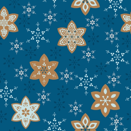 Snowflake or gingerbread decorate and tree for winter or Christmas festival seamless pattern vector background with blue and brown themeのイラスト素材