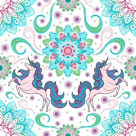 Unicorn and boho mandala flower with fantasy color seamless pattern vector backgroundのイラスト素材