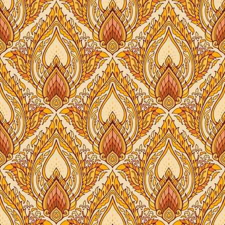 Thai royal Boho luxurious ornament design seamless pattern vector with yellow brown golden tone backgroundのイラスト素材