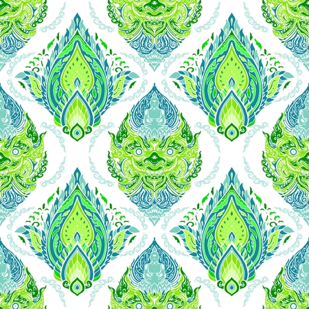 Line Thai king of god Giant and Buddha with petal flower design for seamless pattern vector with vivid green and blue color tone wallpaper backgroundのイラスト素材