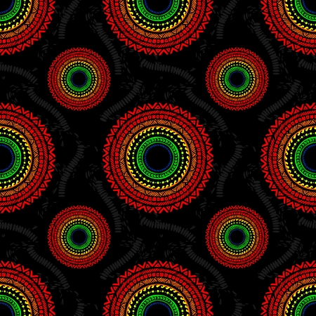 circle wheel Africa tribal chain tattoo seamless pattern and rough texture vector with red yellow and green on dark black backgroundのイラスト素材
