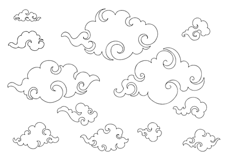 Chinese Cloud or Japanese cloud or Orientate cloud low detail illustration sketch doodle drawing clip art set with white background vectorのイラスト素材