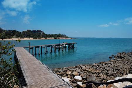 summer travel vacation and holiday concept pier in khao laem ya sea beach Thailand with blue sky background with day lightの写真素材