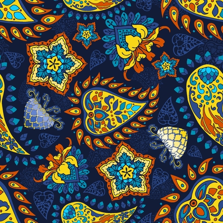 colorful blue yellow red paisley vector  seamless pattern floral background in Indian styleのイラスト素材