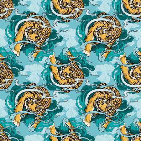 Illustration doodle and paint Tiger walking  on cloud or haven Illustration doodle and paint design for seamless pattern with pastel blue backgroundのイラスト素材