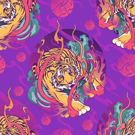 Tiger walk in fire and smoke wind design tattoo seamless pattern vector with vivid purple pink backgroundのイラスト素材
