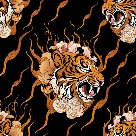 tiger head with flower and tiger texture design with oriental Japanese tattoo style design for seamless pattern vector with golden tone and black backgroundのイラスト素材