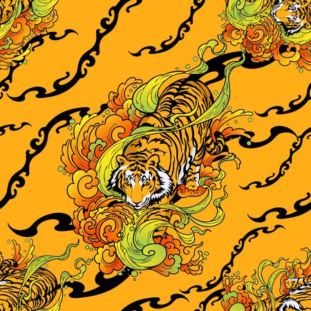 tiger walk in cloud illustration doodle tattoo style seamless pattern vector with orange yellow texture backgroundのイラスト素材