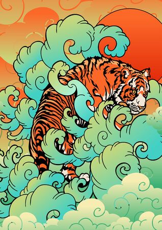 Tiger with in the cloud and sun oriental Japanese or Chinese  illustration tattoo digital painting style vector backgroundのイラスト素材