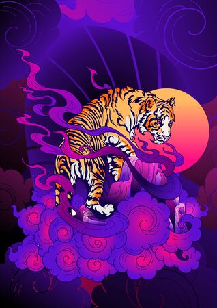 Tiger Climbing on hill and cloud design with Chinese or Japanese painting illustration oriental style with neon purple pink color tone vector dark backgroundのイラスト素材