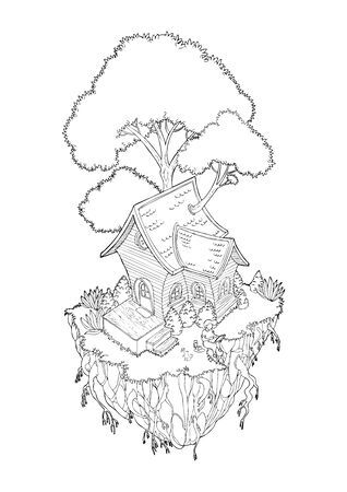 man working at home with laptop computer in Floating island doodle illustration vector for coloring with white backgroundのイラスト素材