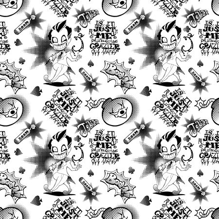 cute  devilish joker motif black and white doodle illustration cartoon  with burst or boom and typography vector seamless pattern with white backgroundのイラスト素材