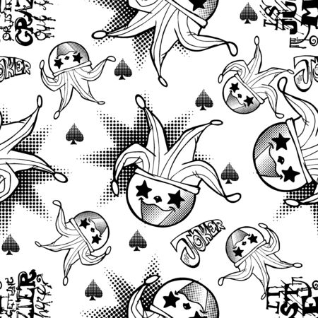 cute  devilish joker motif black and white doodle illustration cartoon  with burst or boom and typography vector seamless pattern with white backgroundのイラスト素材