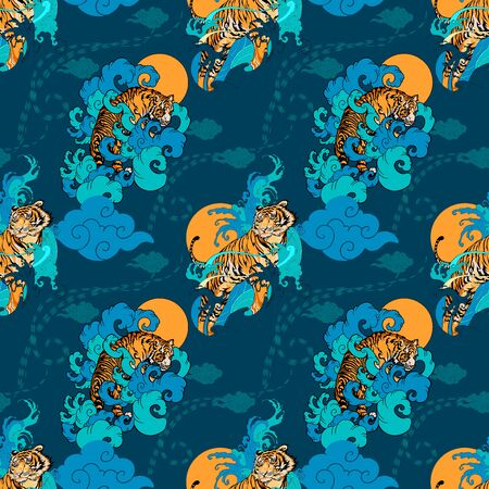 Tiger Chinese oriental element illustration with cloud and spread seamless pattern vector with blue backgroundのイラスト素材