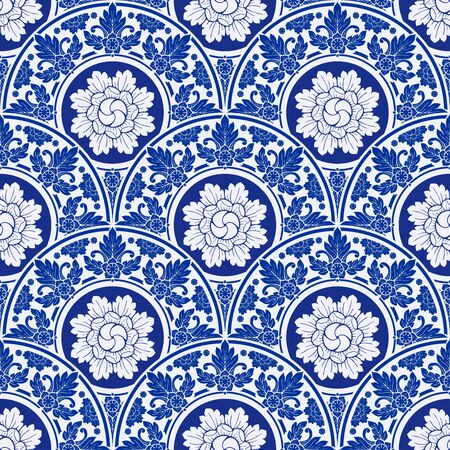 illustration Royal indigo blue Porcelain Thai flower traditional ornamental element style design for seamless pattern vectorのイラスト素材