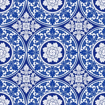 illustration Royal indigo blue Porcelain Thai flower traditional ornamental element style design for seamless pattern vectorのイラスト素材