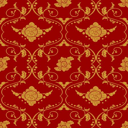 Thai vintage golden flower elemental design seamless pattern vector with red backgroundのイラスト素材