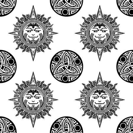 motif Viking Celtic tribal element tattoo design form sun and amulet seamless pattern vector with white backgroundのイラスト素材