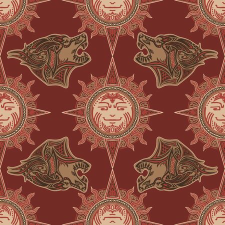 Viking tribal sun and wolf tattoo design for Seamless pattern vector with red brown urban color tone backgroundのイラスト素材