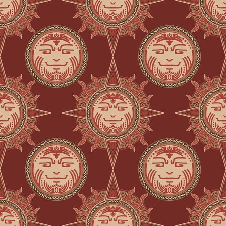 Viking tribal sun face tattoo design for Seamless pattern vector with red brown urban color tone backgroundのイラスト素材