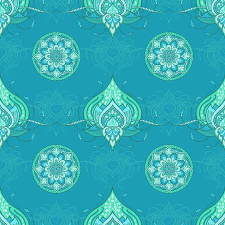 Lotus henna and circle mandala flower illustration doodle design for seamless pattern vector for printing fabric wallpaper background with Aqua mint green tone and green backgroundのイラスト素材
