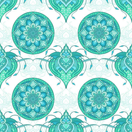 Lotus henna and circle mandala flower illustration doodle design for seamless pattern vector for printing fabric wallpaper background with Aqua mint green tone and white backgroundのイラスト素材